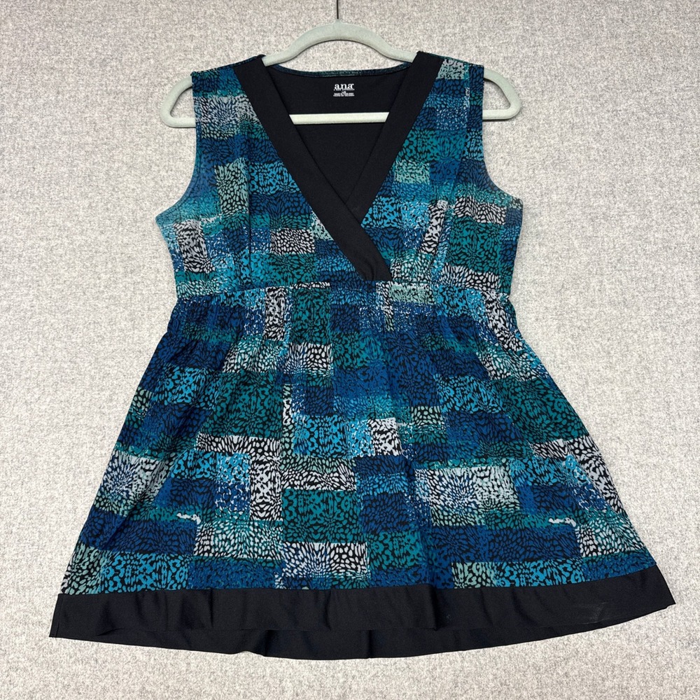 a.n.a | Sleeveless Babydoll Top | Large | Blue Teal | V-Neck Lined Animal Print
